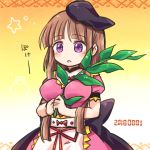  1girl apron black_headwear blush bow breasts brown_hair dress eyebrows_visible_through_hair gradient gradient_background hat large_breasts long_bangs myouga_(plant) nishida_satono pink_dress pote_(ptkan) short_hair_with_long_locks sidelocks solo touhou upper_body violet_eyes waist_apron 