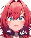  1girl ange_katrina blue_eyes blush closed_mouth commentary eyebrows_visible_through_hair hair_between_eyes hair_ornament hairclip looking_at_viewer nijisanji portrait redhead short_hair simple_background solo sukuna136 sweatdrop virtual_youtuber white_background 