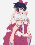 absurdres animal_ears barefoot bead_necklace beads black_hair bow darumao fangs father_and_daughter hair_bow han&#039;you_no_yashahime highres inuyasha inuyasha_(character) jewelry moroha necklace silver_hair skin_fangs toeless_legwear wolf_ears yellow_eyes younger 