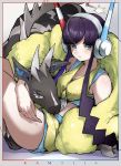  1girl blue_eyes breasts coat commentary_request elesa_(pokemon) fur_coat gen_5_pokemon gym_leader headphones highres looking_at_viewer looking_to_the_side pokemon pokemon_(creature) pokemon_(game) pokemon_bw2 purple_hair shiny short_hair_with_long_locks sitting tamukoro yellow_coat zebstrika 