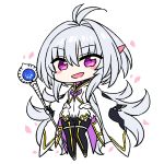  1girl ahoge bangs black_gloves black_pants breasts chan_co chibi fate/grand_order fate/prototype fate_(series) fingerless_gloves gloves highres holding holding_staff long_hair long_sleeves looking_at_viewer merlin_(fate/prototype) open_mouth pants petals smile staff very_long_hair violet_eyes white_hair white_robe wide_sleeves 