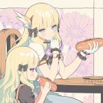  2girls bangs black_bow blonde_hair blush bow breasts duplicate eating elf gloves hair_bow hair_ornament hot_dog large_breasts long_hair lunch_(lunch3) multiple_girls pointy_ears princess_connect! princess_connect!_re:dive saren_(princess_connect!) sidelocks smile wavy_hair white_gloves 