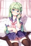  1girl bangs black_legwear blue_eyes blue_sailor_collar blue_skirt blush collarbone curtains eyebrows_visible_through_hair frog_hair_ornament green_hair hair_ornament hair_tubes indoors kochiya_sanae long_hair looking_at_viewer miyase_mahiro on_bed panties parted_lips pillow pleated_skirt sailor_collar school_uniform serafuku short_sleeves sitting skirt skirt_lift snake_hair_ornament solo thigh-highs touhou underwear white_panties 