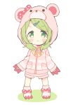  1girl :&gt; animal_ears animal_hood bangs bear_ears bear_hair_ornament bear_hood blush_stickers bow chibi closed_mouth colored_shadow fake_animal_ears full_body green_eyes green_hair hair_ornament hairclip hood hood_up hooded_jacket jacket long_hair long_sleeves looking_at_viewer meito_(maze) morinaka_kazaki nijisanji no_shoes pink_jacket pink_shorts polka_dot polka_dot_bow red_bow shadow short_shorts shorts sidelocks sleeves_past_wrists smile socks solo standing striped striped_jacket striped_legwear swept_bangs v-shaped_eyebrows virtual_youtuber white_background 