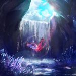  clouds commentary_request day ekm flying gen_3_pokemon latias legendary_pokemon lens_flare no_humans outdoors petals pokemon pokemon_(creature) shiny sky solo sun water waterfall 