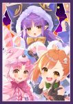  3girls :d animal_ears animal_hat animal_hood bandaged_hand bangs bare_shoulders bell black_capelet black_gloves black_jacket black_skirt black_sleeves blush border bow braid brown_bow brown_eyes brown_hair bunny_hat capelet cat_ears cat_hood claw_pose commentary_request detached_sleeves earmuffs eyebrows_visible_through_hair fake_animal_ears frilled_skirt frills fur-trimmed_capelet fur-trimmed_hood fur-trimmed_skirt fur-trimmed_sleeves fur_trim gloves green_bow hair_ornament hair_over_shoulder hand_up hands_up hat highres hood hooded_capelet jacket jingle_bell kyouka_(princess_connect!) lightning_bolt lightning_bolt_hair_ornament long_hair long_sleeves looking_at_viewer low_twintails mimi_(princess_connect!) misogi_(princess_connect!) multiple_girls open_mouth parted_bangs pink_capelet pink_hair pointy_ears princess_connect! princess_connect!_re:dive puffy_short_sleeves puffy_sleeves purple_border purple_bow purple_hair rabbit_ears red_bow red_skirt short_sleeves side_ponytail skirt sleeves_past_wrists smile standing tsukiman twin_braids twintails twitter_username upper_teeth v v-shaped_eyebrows very_long_hair white_bow wide_sleeves 
