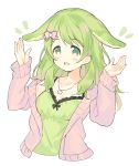  1girl :d animal_ears bangs blush_stickers bow breasts camisole cropped_torso eyebrows_visible_through_hair flower green_camisole green_eyes green_hair hair_bow hair_flower hair_ornament hands_up jacket kemonomimi_mode long_hair long_sleeves meito_(maze) morinaka_kazaki nijisanji notice_lines open_clothes open_jacket open_mouth pink_bow pink_jacket rabbit_ears sleeves_past_wrists small_breasts smile solo upper_body virtual_youtuber white_flower 