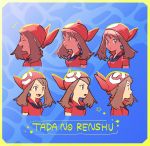  1girl banana_(okashi_to_satougashi) brown_hair closed_eyes closed_mouth commentary_request grey_eyes highres laughing long_hair looking_to_the_side may_(pokemon) multiple_views open_mouth pokemon pokemon_(game) pokemon_rse red_bandana red_shirt shirt short_sleeves smile star_(symbol) teeth 