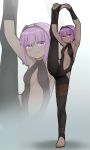  1girl armpits arms_up bangs bare_shoulders black_bodysuit blush bodysuit breasts closed_mouth dark_skin eyebrows_visible_through_hair eyes_visible_through_hair fate/prototype fate/prototype:_fragments_of_blue_and_silver fate_(series) hair_over_one_eye hassan_of_serenity_(fate) highres i.u.y leg_up looking_at_viewer navel no_shoes purple_hair small_breasts smile solo split standing standing_on_one_leg standing_split stirrup_legwear toeless_legwear violet_eyes zoom_layer 
