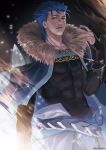  1boy abs armor belt blue_hair capelet collarbone cu_chulainn_(fate)_(all) cu_chulainn_(fate/grand_order) earrings embers fate/grand_order fate_(series) fire fur fur-trimmed_capelet fur_trim greaves highres jakojakojako jewelry long_hair male_focus muscle pauldrons red_eyes ring shoulder_armor skin_tight solo spiky_hair type-moon 