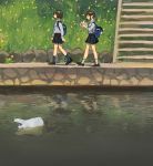  2girls backpack bag book brown_hair commentary day grass highres multiple_girls original outdoors plastic_bag ponytail reading river school_uniform shopping_bag short_hair stairs walking zinbei 