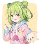  1girl :d bangs beige_background blush bow braid collarbone double_bun drawstring eyebrows_visible_through_hair green_eyes green_hair hair_between_eyes hair_bow highres hood hood_down hooded_jacket jacket long_sleeves meito_(maze) morinaka_kazaki nijisanji open_clothes open_jacket open_mouth outstretched_arm pink_bow pink_jacket shirt side_braid single_braid sleeves_past_wrists smile solo two-tone_background upper_body virtual_youtuber white_background white_shirt 