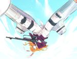  1girl animal_ears charlotte_e_yeager floating_hair flying gun highres holding holding_gun holding_weapon ishiyumi long_hair looking_at_viewer mecha_musume orange_hair rabbit_ears rifle solo strike_witches upside-down weapon world_witches_series 