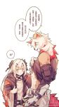 1boy 1girl abs animal_ears arknights artist_request blush closed_eyes dog_ears dog_nose female_doctor_(arknights) furry gloves highres hood hood_down horns hung_(arknights) shirt_lift thumbs_up tools touching white_hair 