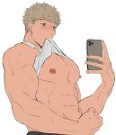  1boy abs bara bare_chest bare_shoulders blonde_hair chest flat_color flexing male_focus mouth_hold muscle navel navel_hair nipples original otototo phone pose self_shot shirt_lift short_hair solo sweat tank_top upper_body white_background white_tank_top 