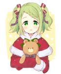  1girl bangs black_bow blush bow capelet cropped_torso dress eyebrows_visible_through_hair fur-trimmed_capelet fur-trimmed_sleeves fur_trim green_bow green_eyes green_hair hair_bow hair_ornament long_sleeves looking_at_viewer meito_(maze) mittens morinaka_kazaki nijisanji object_hug parted_lips red_bow red_capelet red_dress red_mittens santa_costume sidelocks smile solo star_(symbol) star_hair_ornament striped striped_bow stuffed_animal stuffed_toy swept_bangs teddy_bear twintails upper_body virtual_youtuber 