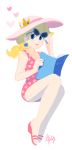  blonde_hair book gigi_d.g. hat super_mario_bros. princess_peach sandals source_request sun_hat sunglasses swimsuit 