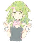  1girl animal_ears bangs bare_shoulders black_leotard blush bow breasts collar cropped_torso detached_collar dress eyebrows_visible_through_hair green_eyes green_hair hair_bow hands_up leotard long_hair looking_at_viewer meito_(maze) morinaka_kazaki nijisanji parted_lips pink_bow rabbit_ears simple_background small_breasts smile solo strapless strapless_dress striped striped_bow upper_body v_arms virtual_youtuber white_background white_collar wrist_cuffs 