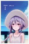  1girl 2019 bangs bare_shoulders beach blue_sky blush character_name closed_mouth clouds collarbone crossed_bangs dated day eyebrows_visible_through_hair hachikuji hair_between_eyes hat highres long_hair ocean outdoors pink_eyes purple_hair shirt sky smile solo straw_hat tank_top twintails upper_body vocaloid voiceroid water white_headwear white_shirt yuzuki_yukari 