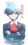  1boy bangs black_jacket blue_hair closed_mouth collared_shirt commentary crossed_arms fingernails glint highres jacket long_sleeves looking_at_viewer male_focus nosutaal pokemon pokemon_(game) pokemon_oras red_neckwear shirt solo steven_stone upper_body white_shirt 