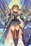  1girl armor bare_shoulders black_legwear blonde_hair blue_eyes breastplate dress elbow_gloves gauntlets gloves highres holding holding_shield holding_sword holding_weapon layered_skirt long_hair nagasawa_tougo open_mouth original shield skirt solo sword thigh-highs tiara weapon 
