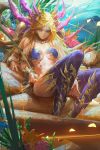  1girl armlet blonde_hair blue_eyes bracelet commentary_request extra_arms facial_mark fantasy forehead_mark gold gold_trim jewelry kali_(p&amp;d) long_hair looking_at_viewer puzzle_&amp;_dragons revealing_clothes sitting solo thigh-highs youshun_(naturaljuice) 