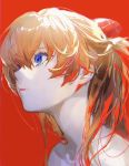 1girl bare_shoulders blue_eyes closed_mouth commentary eyebrows_visible_through_hair hair_between_eyes hair_ornament highres interface_headset lips long_hair looking_away neon_genesis_evangelion orange_hair red_background rinkai_(rinrinkirin) simple_background solo souryuu_asuka_langley two_side_up 