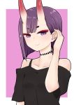 1girl bangs bare_shoulders black_shirt closed_mouth collarbone eyebrows_visible_through_hair fate/grand_order fate_(series) hand_up highres horns i.u.y looking_at_viewer off-shoulder_shirt off_shoulder oni oni_horns pink_background purple_hair shirt short_eyebrows short_hair short_sleeves shuten_douji_(fate/grand_order) smile solo thick_eyebrows two-tone_background violet_eyes white_background 