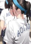  2girls bangs black_hair blue_headband blurry blurry_background bow clothes_writing from_behind headband jonsun long_hair multiple_girls nape original ponytail shirt shorts single_stripe sportswear tied_hair white_shirt yellow_eyes 