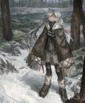  1girl ankle_boots black_legwear boots brown_cloak cloak closed_mouth forest hair_over_one_eye highres long_hair looking_at_viewer nature one_eye_covered original pantyhose red_eyes river shichigatsu snow solo tree twintails 