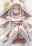  1girl absurdres ayanami_(azur_lane) ayanami_(demon&#039;s_dress)_(azur_lane) azur_lane bangs blush bridal_veil brown_eyes choker closed_mouth detached_sleeves highres jewelry knees_together_feet_apart light_brown_hair long_sleeves looking_at_viewer midriff official_alternate_costume panties pantyshot red_choker ring sidelocks sitting smile solo ta938_ka23 thigh-highs underwear veil wedding_ring white_legwear white_panties wide_sleeves 