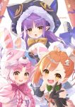 3girls :d animal_ears animal_hat animal_hood bandaged_hand bangs bare_shoulders bell black_capelet black_gloves black_jacket black_skirt black_sleeves blush bow braid brown_bow brown_eyes brown_hair bunny_hat capelet cat_ears cat_hood claw_pose crop_top detached_sleeves earmuffs eyebrows_visible_through_hair fake_animal_ears frilled_skirt frills fur-trimmed_capelet fur-trimmed_hood fur-trimmed_skirt fur-trimmed_sleeves fur_trim gloves green_bow hair_ornament hair_over_shoulder hand_up hands_up hat highres hood hooded_capelet jacket jingle_bell kyouka_(princess_connect!) lightning_bolt lightning_bolt_hair_ornament long_hair long_sleeves looking_at_viewer low_twintails midriff mimi_(princess_connect!) misogi_(princess_connect!) multiple_girls navel open_mouth parted_bangs pink_capelet pink_hair pointy_ears princess_connect! princess_connect!_re:dive puffy_short_sleeves puffy_sleeves purple_bow purple_hair rabbit_ears red_bow red_skirt short_sleeves side_ponytail skirt sleeves_past_wrists smile standing tsukiman twin_braids twintails twitter_username upper_teeth v v-shaped_eyebrows very_long_hair white_background white_bow wide_sleeves 