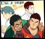  4boys akashi_(live_a_hero) alternate_costume arm_around_shoulder bandaid bandaid_on_face bandaid_on_nose blue_eyes blue_hair casual collarbone copyright_name doctor facial_hair facial_scar glasses green_eyes green_jacket hands_together hood hoodie ioren_(live_a_hero) itto_(mentaiko) jacket kyoichi_(live_a_hero) live_a_hero male_focus mask multicolored_hair multiple_boys muscle own_hands_together pout rakta_(live_a_hero) red_eyes redhead scar short_hair sideburns smile streaked_hair thick_eyebrows thumbs_up upper_body 