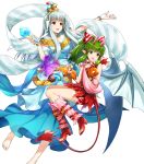  2girls amagai_tarou bangs bare_shoulders barefoot breasts demon_tail dress eyebrows_visible_through_hair fire_emblem fire_emblem:_mystery_of_the_emblem fire_emblem:_the_blazing_blade fire_emblem_heroes full_body green_eyes green_hair hair_ornament halloween_costume highres holding horns long_dress long_hair looking_away medium_breasts multiple_girls ninian_(fire_emblem) official_art open_mouth open_toe_shoes pointy_ears ponytail red_dress red_eyes shiny shiny_hair short_dress sidelocks silver_hair sleeveless smile snowflake_print tail tied_hair tiki_(fire_emblem) toes transparent_background wings 