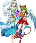  2girls alternate_costume amagai_tarou bangs bare_shoulders barefoot closed_mouth collarbone demon_tail dress eyebrows_visible_through_hair fire_emblem fire_emblem:_mystery_of_the_emblem fire_emblem:_the_blazing_blade fire_emblem_heroes full_body green_eyes hair_ornament halloween_costume highres holding horns lips long_dress long_hair looking_at_viewer multiple_girls ninian_(fire_emblem) official_art open_mouth open_toe_shoes pointy_ears ponytail red_dress red_eyes shiny shiny_hair short_dress sidelocks silver_hair sleeveless smile snowflake_print tail tied_hair tiki_(fire_emblem) toes transparent_background wings 