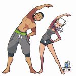  1boy 1girl arm_up artist_name bare_arms barefoot black_hair black_shorts burnet_(pokemon) capri_pants closed_eyes commentary_request eyelashes facial_hair grey_tank_top hand_on_hip happy highres husband_and_wife kukui_(pokemon) long_hair mayuzumi music open_mouth pants pokemon pokemon_(game) pokemon_sm shorts smile stretch tank_top teeth toes tongue watermark white_hair 