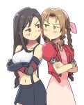  2girls aerith_gainsborough bangs black_gloves black_hair black_skirt brown_hair collarbone cowboy_shot crop_top crossed_arms dress elbow_gloves elbow_pads final_fantasy final_fantasy_vii fingerless_gloves gloves green_eyes jacket jitome long_hair low-tied_long_hair midriff multiple_girls navel parted_bangs pink_dress pout red_jacket shiny shiny_hair shirt shoulder-to-shoulder skirt symbol_commentary tifa_lockhart tsubobot violet_eyes white_shirt 