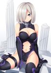  1girl alternate_costume black_gloves black_legwear black_leotard blue_eyes breasts clothing_cutout cosplay elbow_gloves fate/grand_order fate_(series) gloves hair_over_one_eye hamakaze_(kantai_collection) high_heels highres kantai_collection large_breasts leotard mash_kyrielight mash_kyrielight_(cosplay) navel navel_cutout short_hair silver_hair sitting solo thigh-highs wariza yasume_yukito 