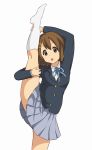  1girl bangs blue_ribbon blue_skirt blush brown_eyes brown_hair hair_ornament hairpin highres hirasawa_yui hirondo k-on! leg_lift leg_up long_sleeves looking_at_viewer open_mouth pleated_skirt ribbon sakuragaoka_high_school_uniform school_uniform short_hair skirt socks split standing standing_on_one_leg standing_split white_legwear 