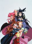  1990s_(style) 3girls araizumi_rui arm_strap armor blue_eyes blush breasts cape circlet earrings fang fur_trim gloves high_ponytail highres index_finger_raised jewelry large_breasts lina_inverse long_hair looking_at_viewer marlene_(slayers) multiple_girls naga_the_serpent navel official_art open_mouth pauldrons pink_hair purple_hair red_eyes redhead shoulder_armor simple_background skull slayers sword violet_eyes weapon white_background 