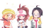  1boy 2girls ahoge bare_arms baseball_cap bianca_(pokemon) black_hair blonde_hair blush brown_hair cheren_(pokemon) closed_mouth commentary_request glasses green_eyes hat hilda_(pokemon) holding holding_pokemon looking_down looking_to_the_side multiple_girls ohds101 open_mouth pokemon pokemon_(creature) pokemon_(game) pokemon_bw smile starter_pokemon_trio 