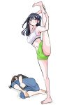  2girls bare_shoulders barefoot black_hair blush boku_no_kokoro_no_yabai_yatsu brown_eyes green_shorts highres long_hair midriff mole mole_on_neck mole_on_thigh multiple_girls navel on_floor panties panty_peek sakurai_norio shorts sleeveless split sports_bra standing standing_on_one_leg standing_split two_side_up underwear white_panties 