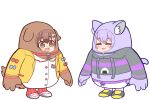  2girls animal_ears blush brown_eyes brown_hair cat_ears closed_eyes collar commentary_request cosplay dog_ears fall_guy fall_guy_(cosplay) fall_guys hololive hood hoodie inugami_korone jacket matarou_(matarou072) multiple_girls nekomata_okayu open_mouth purple_hair simple_background tail virtual_youtuber white_background yellow_jacket 