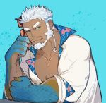  1boy aegir_(tokyo_houkago_summoners) bara beard blue_eyes chest dark_skin dark_skinned_male elbow_rest eyewear_removed face facial_hair jewelry looking_at_viewer male_focus manly muscle open_clothes open_shirt short_hair single_earring solo thick_eyebrows tokyo_houkago_summoners uori upper_body white_hair 