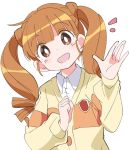  1girl :d bangs blunt_bangs brown_eyes brown_hair cardigan commentary_request copyright_request eyebrows_visible_through_hair hand_up ixy long_sleeves looking_at_viewer open_mouth shirt simple_background smile solo twintails white_background white_shirt 