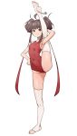  1girl :3 absurdres bangs blunt_bangs brown_hair commentary double_bun eyebrows_visible_through_hair eyelashes hand_on_hip highres kiritzuguart leg_lift leotard looking_at_viewer original red_eyes red_leotard sidelocks solo thigh-highs white_legwear 