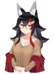  1girl absurdres alternate_costume animal_ear_fluff animal_ears bespectacled black-framed_eyewear black_hair breasts brown_sweater casual closed_mouth collarbone commentary eyebrows_visible_through_hair glasses hair_between_eyes hair_flaps hair_ornament hands_together highres hololive long_hair long_sleeves looking_at_viewer medium_breasts multicolored_hair off_shoulder ookami_mio orange_eyes redhead shawl shirt simple_background smile solo streaked_hair sweater two-tone_hair upper_body virtual_youtuber white_background white_shirt wolf_ears yamabuki7979 