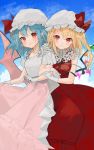  2girls arm_hug bat_wings blonde_hair blue_hair blue_sky bow closed_mouth dress flandre_scarlet gloves gotoh510 hair_between_eyes hat hat_bow highres light_smile long_hair looking_at_viewer multiple_girls pink_dress pink_wings pointy_ears red_bow red_dress red_eyes remilia_scarlet shirt siblings sisters sky touhou white_gloves white_headwear white_shirt wings 