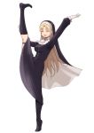  1girl black_dress blonde_hair blush breasts closed_eyes commentary_request diisuke dress gloves habit long_hair long_sleeves nijisanji nun simple_background sister_cleaire smile socks solo split standing standing_on_one_leg standing_split virtual_youtuber white_background white_gloves 