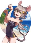  1girl animal_ears bangs beach black_swimsuit blue_sky character_name clouds cloudy_sky commentary cowboy_shot dated eyebrows_visible_through_hair fang green_eyes grey_hair hair_ornament horizon long_hair looking_at_viewer morosuke mouse_ears mouse_girl mouse_tail ocean old_school_swimsuit one-piece_swimsuit open_mouth original palm_tree paw_pose school_swimsuit short_hair sky smile solo standing swimsuit tail tree twitter_username 